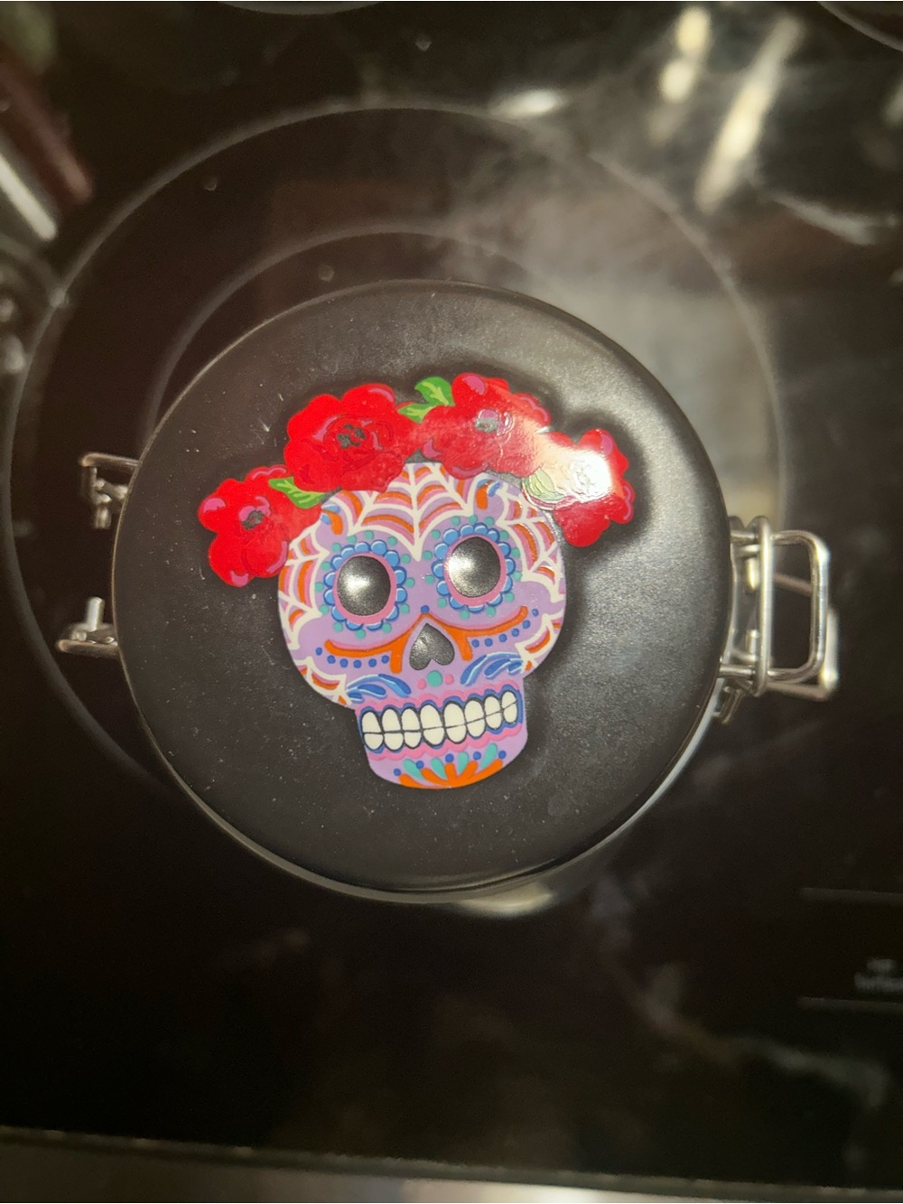Black Canister with Red Floral Sugar Skull Accent mason jar.